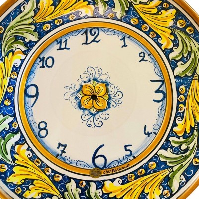 Horloge en céramique Caltagirone - Ø environ 45 cm Complet avec engrenage, décoration baroque sur fond bleu - 