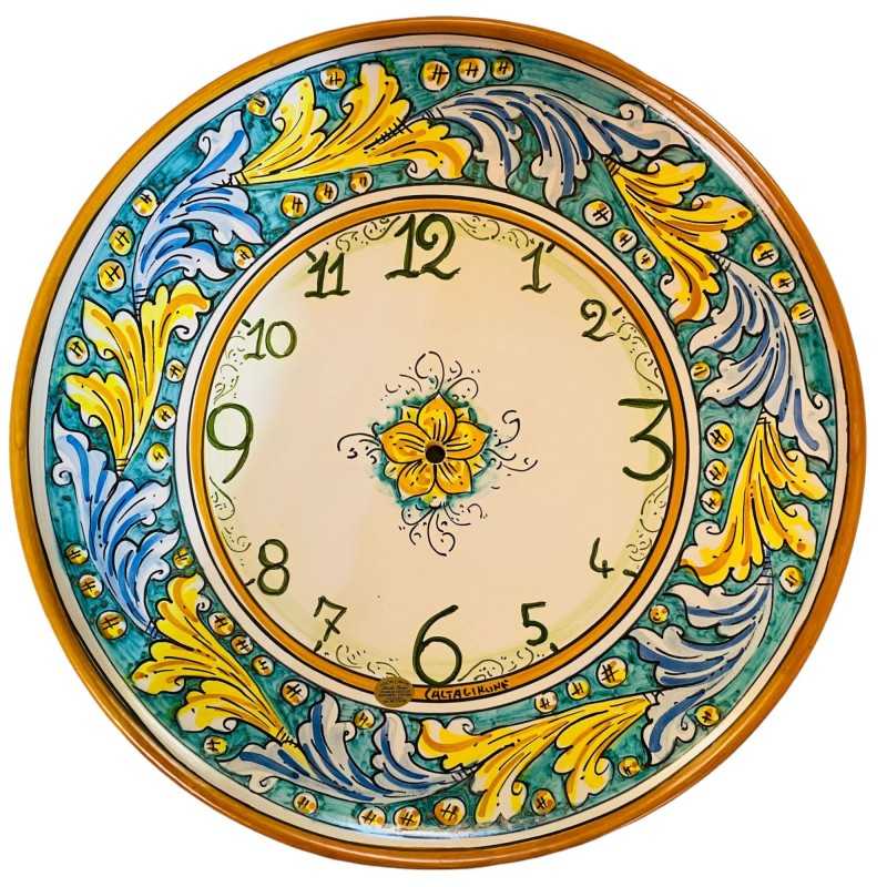 Clock in fine Caltagirone ceramic hand-decorated with Baroque decoration on a Verderame background - diameter about 45cm