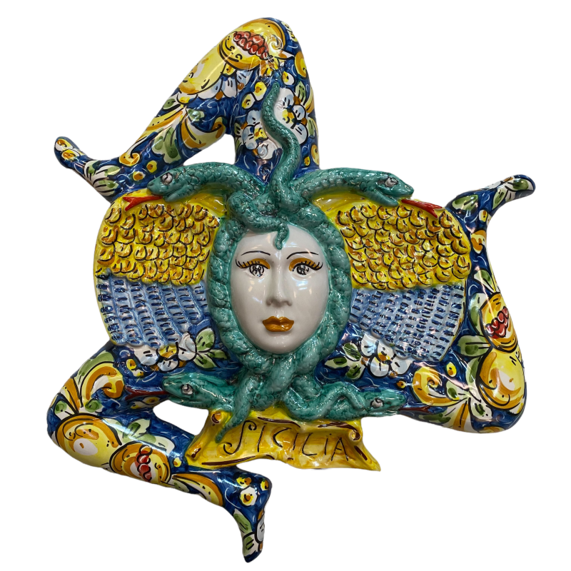 Trinacria aus Caltagirone-Keramik mit kobaltblauem Hintergrund mit Blumen-, Zitronen- und Granatäpfeldekoration – H 40 c