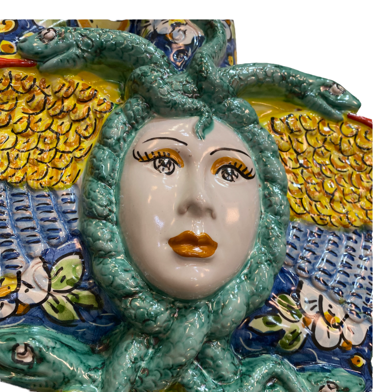 Ceramic Trinacria van Caltagirone Cobalt Blue achtergrond met decoratie Flowers, Lemons en Melogranes. - 