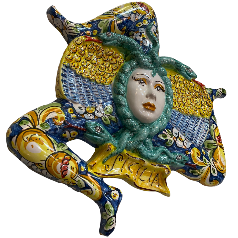 Ceramic Trinacria van Caltagirone Cobalt Blue achtergrond met decoratie Flowers, Lemons en Melogranes. - 
