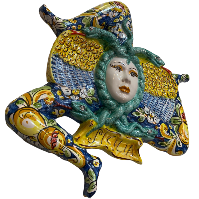Trinacria aus Caltagirone-Keramik mit kobaltblauem Hintergrund mit Blumen-, Zitronen- und Granatäpfeldekoration – H 40 c