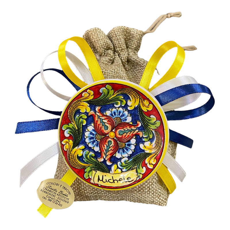 Magnetische Gastgeschenke, sizilianischer Keramikteller 6,5 cm, personalisierter Schriftzug, Jutebeutel, Satinbänder und