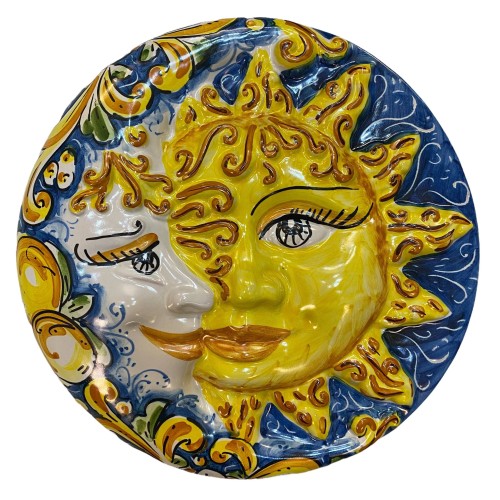 Disco cerâmico Eclipse, Sol e Lua Caltagirone, Ø aproximadamente 25 cm. com decoração barroca e limões sobre fundo azul 