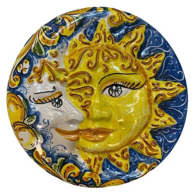 Eclissi, Sole e Luna disco in ceramica Caltagirone, Ø 25 cm ca. con decoro Barocco e Limoni su fondo Blu - 