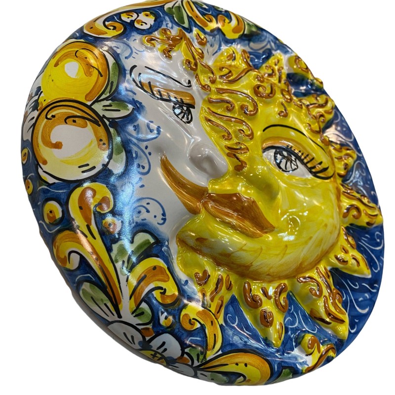 Eclissi, Sole e Luna disco in ceramica Caltagirone, Ø 25 cm ca. con decoro Barocco e Limoni su fondo Blu - 