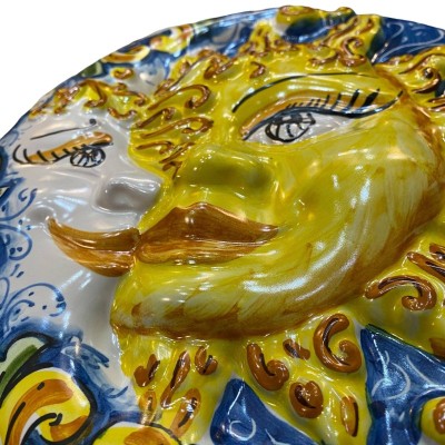 Disque en céramique Eclipse, Soleil et Lune Caltagirone, Ø environ 25 cm. à décor baroque et citrons sur fond bleu - 