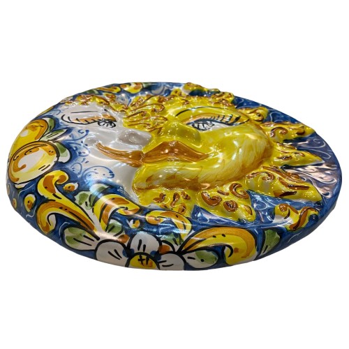 Disco de cerámica Caltagirone Eclipse, Sol y Luna, Ø aprox.25 cm. con decoración barroca y limones sobre fondo azul -  2