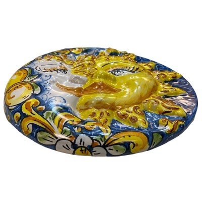 Eclipse, Sun and Moon Caltagirone keramisk skiva, Ø ca 25 cm. med barock- och citrondekoration på blå bakgrund - 