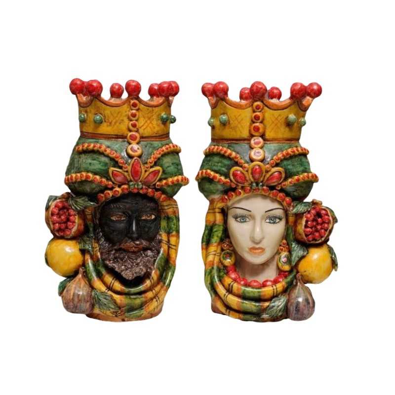 Pair of Caltagirone Moorish heads with crown, lemons, figs and pomegranates - height 33 cm - 