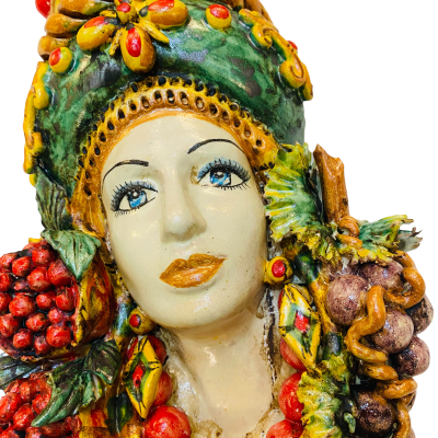 Pair of wall hanging Moor's heads, Caltagirone, with crown and fruit, verdigris background, opaque enamel, height about 