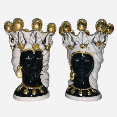 Pair of Heads of Moro Caltagirone Elisabeth Bianco fume en Oro Zecchino, zowel Height 25 cm - 