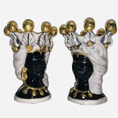 Par de Cabeças Mouras Caltagirone Elisabeth Fume Branco e Ouro Puro, ambas Mouras - Altura 25 cm - 