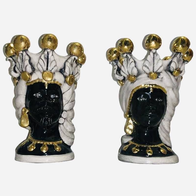 Coppia Teste di Moro Caltagirone Elisabeth Bianco fume e Oro Zecchino, entrambi mori - Altezza 25 cm - 