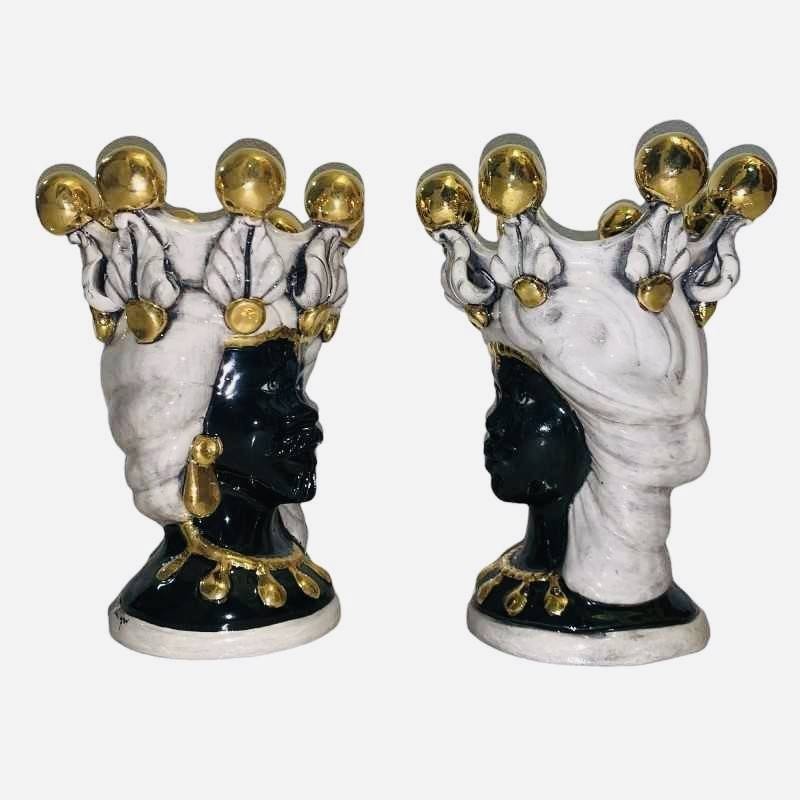 Paar Moorköpfe Caltagirone Elisabeth Smoked White und Zecchino Gold, beide Moor – Höhe 25 cm - 