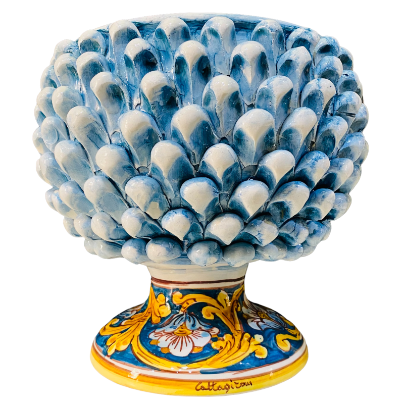 Jarrón Caltagirone Mezza Pigna en color azul antiguo y tallo decorado - Mod034 Medidas d25 x h25 cm - 