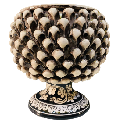 Caltagirone Half Pigna Vase Antikweiß, mit 4 Größenoptionen (1 Stück), Stiel mit weißem Barockdekor auf schwarzem Hinter