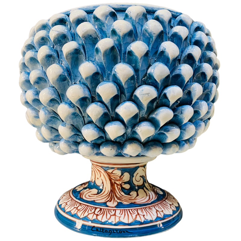 Caltagirone Half Pigna Vase Antikblau, mit 4 Größenoptionen (1 Stück), Stiel mit weißem Barockdekor - 
