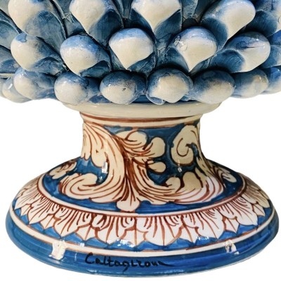 Caltagirone Half Pigna Vase Antikblau, mit 4 Größenoptionen (1 Stück), Stiel mit weißem Barockdekor - 