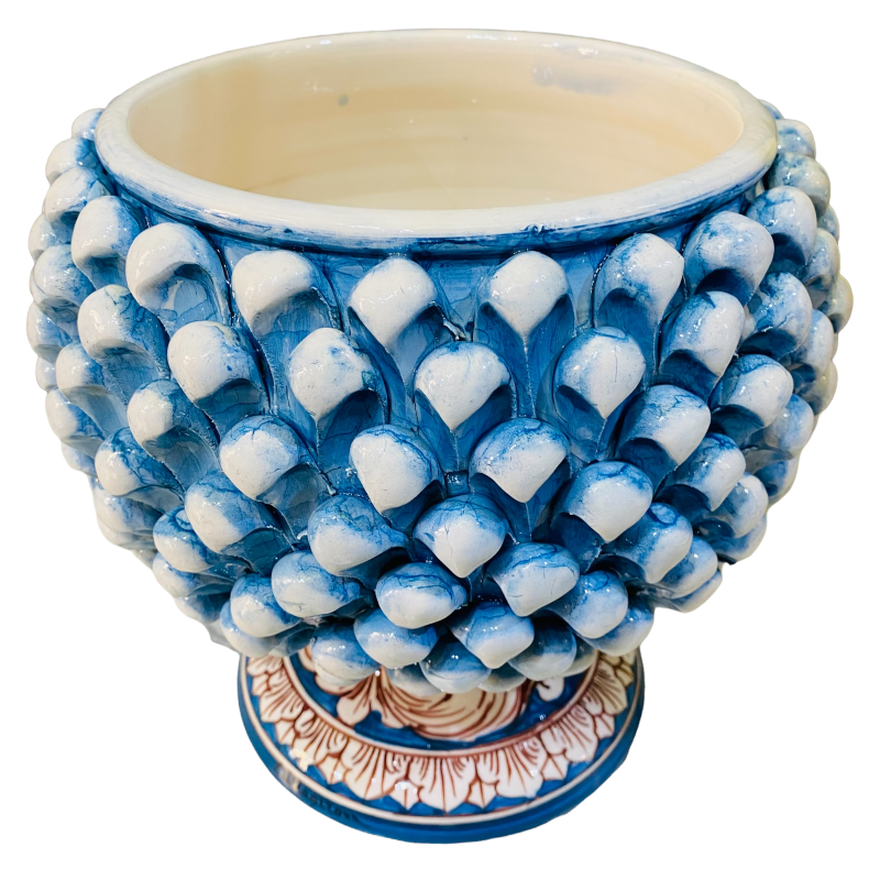 Caltagirone Half Pigna Vase Antikblau, mit 4 Größenoptionen (1 Stück), Stiel mit weißem Barockdekor - 