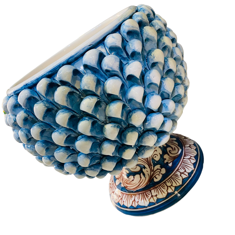 Caltagirone Half Pigna Vase Antikblau, mit 4 Größenoptionen (1 Stück), Stiel mit weißem Barockdekor - 