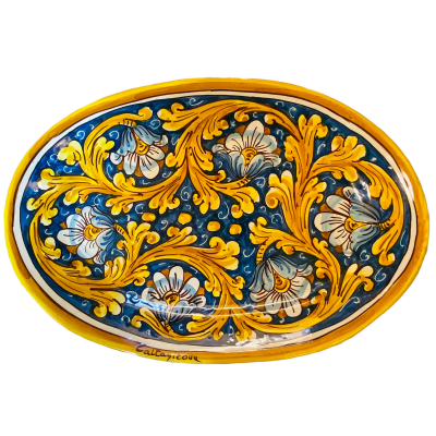 Oval tray, serving plate, Caltagirone ceramic, L 37 x 25 cm approx. six flowers decoration, cobalt blue background - 
