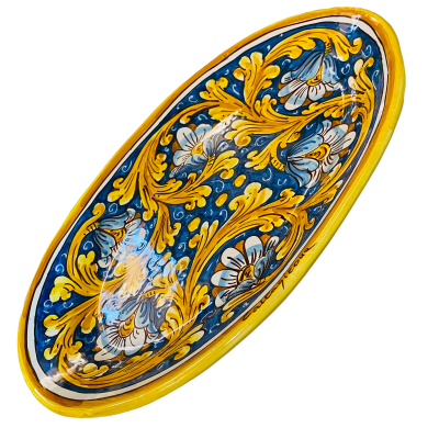 Ovales Tablett, Servierplatte, Caltagirone-Keramik, L 37 x 25 cm ca. Dekoration mit sechs Blumen, kobaltblauer Hintergru