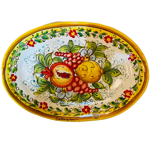 Bandeja ovalada, fuente de cerámica Caltagirone decorada a mano, decoración de granadas, limones y uvas - tamaño 36x25x5