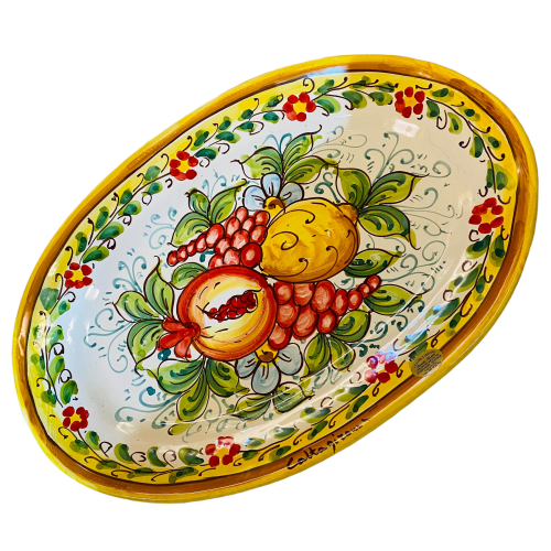 Vassoio ovale, piatto da portata in ceramica di Caltagirone decorato a mano, decoro melograni, limoni e uva - misure 36x 2
