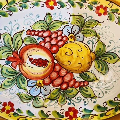 Oval bricka, keramisk platta för hand dekorerad Caltagirone, dekoration melograni, citroner och druvor - mäter 36x25x5 c