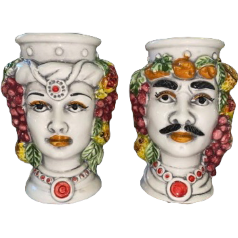 Pair of Moorish heads in Caltagirone ceramic, height 10 cm - 