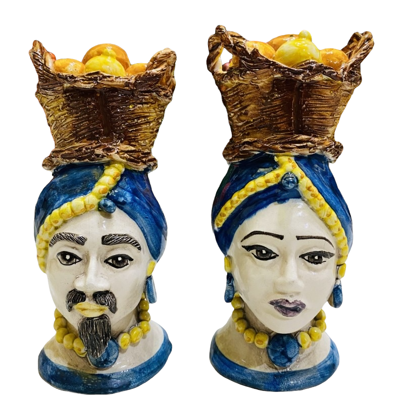 Pair of Heads från Moro Caltagirone Kobolt blått med citronkorg och apelsiner - h 18 cm approx - 