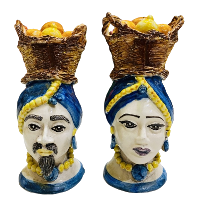 Sizilianische Moorköpfe (Paar) H ca. 18 cm Caltagirone-Keramik, Kobaltblau mit Korb voller Zitronen und Orangen - 