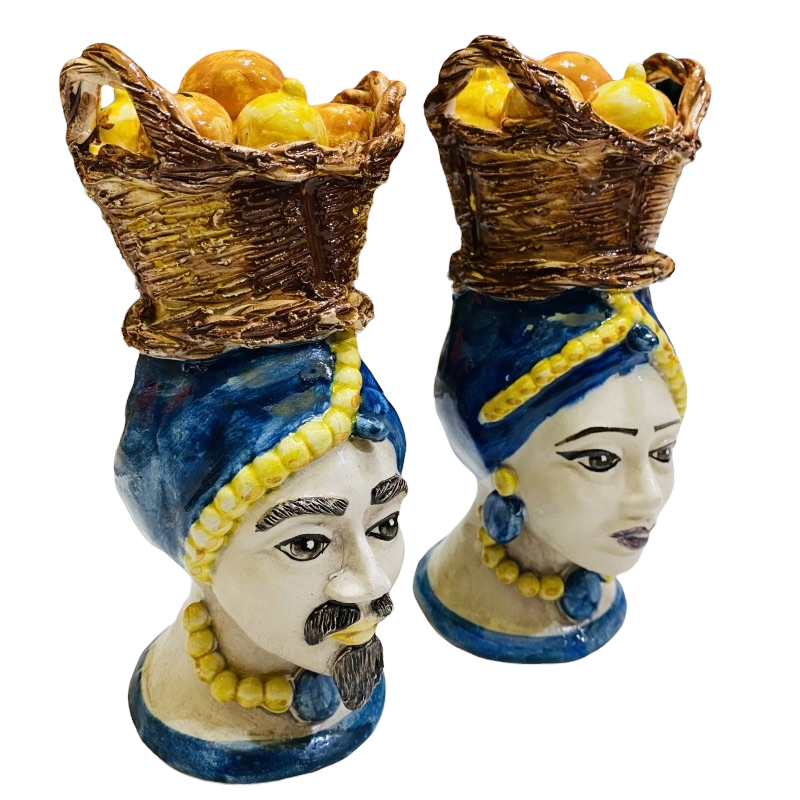 Têtes de lande sicilienne (paire) h env. Céramique Caltagirone, bleu cobalt avec panier de citrons et oranges - 