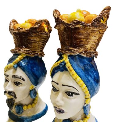 Cabezas de moro siciliano (par) h aprox. Cerámica Caltagirone, azul cobalto con cesta de limones y naranjas. - 