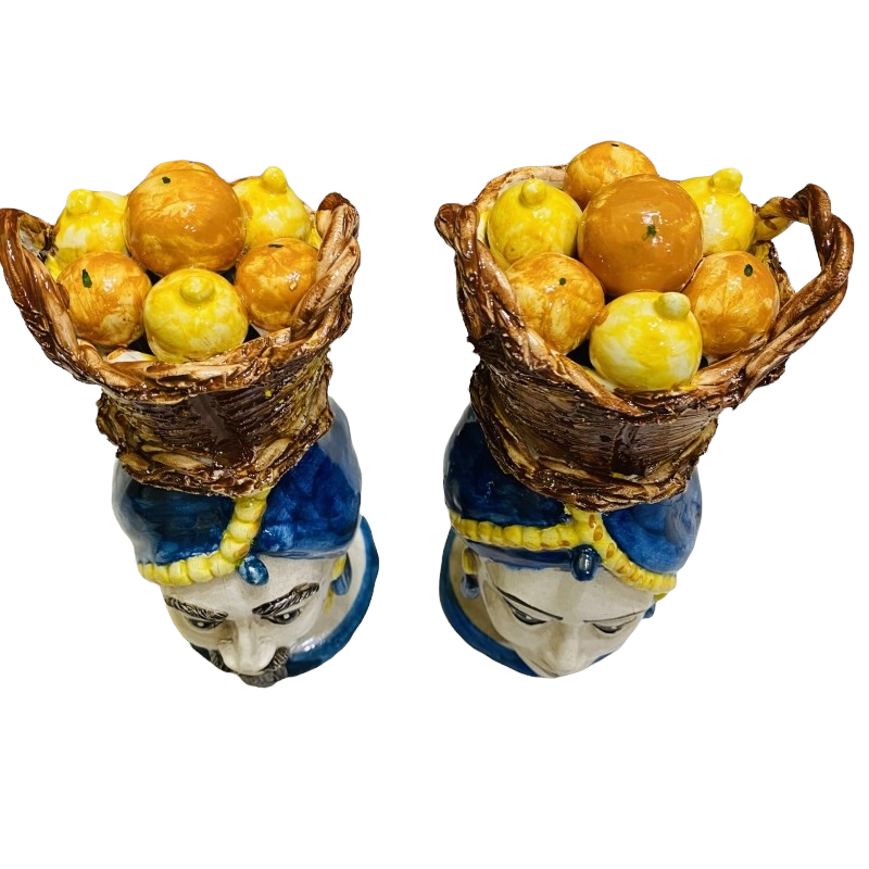 Sicilian Moor heads (pair) h approx. 18 cm Caltagirone ceramic, cobalt blue with basket of lemons and oranges - 
