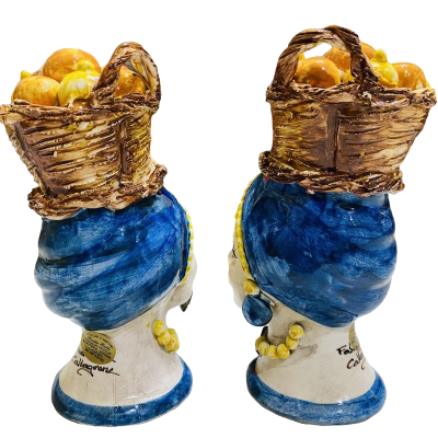 Têtes de lande sicilienne (paire) h env. Céramique Caltagirone, bleu cobalt avec panier de citrons et oranges - 