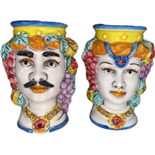 Paar Maurenköpfe aus Caltagirone-Keramik, klassisches Modell mit Früchten, handdekoriert, Höhe 10 cm - 