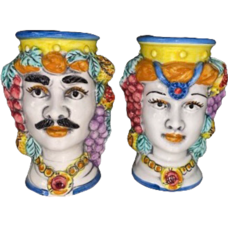Pareja de cabezas de cerámica Caltagirone, modelo clásico con fruta, decoradas a mano, altura 10 cm - 