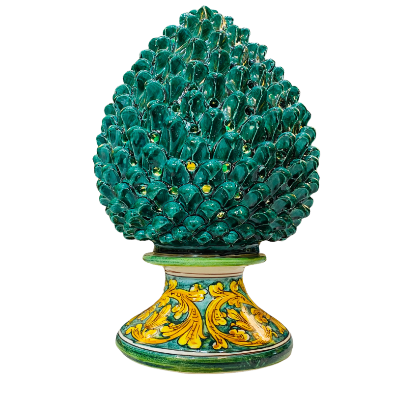 Lampada Pigna siciliana in ceramica di Caltagirone colore Verderame con Gambo decorato - altezza circa 50 cm - 