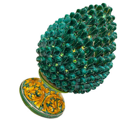 Lampe sicilienne Pigna en céramique de Caltagirone, couleur Verderame avec tige décorée - hauteur environ 50 cm - 