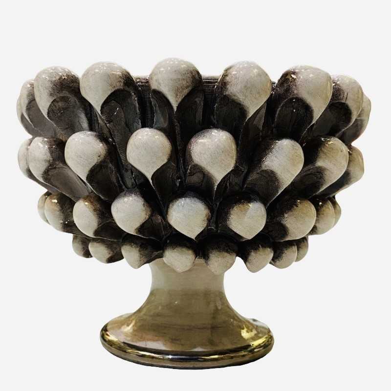 Caltagirone Mezza Pigna Vase, antike weiße Farbe und Platinsockel – Durchmesser 15 cm - 