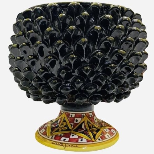 Jarrón Half Pigna, cerámica Caltagirone, 4 opciones de tamaño (1 pieza) Negro, tallo con decoración de carro siciliano -