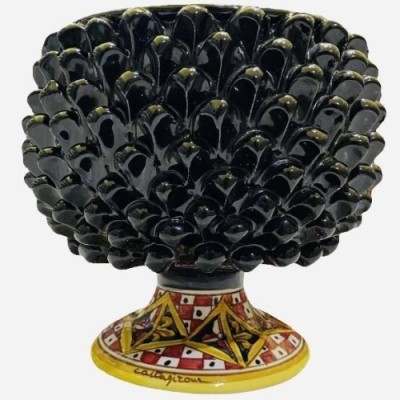 Jarrón Half Pigna, cerámica Caltagirone, 4 opciones de tamaño (1 pieza) Negro, tallo con decoración de carro siciliano -