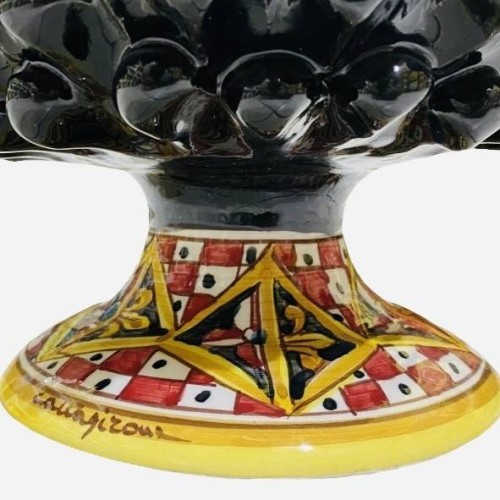 Jarrón Half Pigna, cerámica Caltagirone, 4 opciones de tamaño (1 pieza) Negro, tallo con decoración de carro siciliano - 2