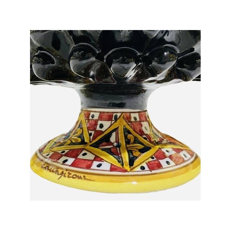 Jarrón Half Pigna, cerámica Caltagirone, 4 opciones de tamaño (1 pieza) Negro, tallo con decoración de carro siciliano -