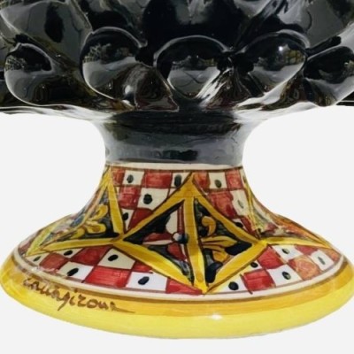 Jarrón Half Pigna, cerámica Caltagirone, 4 opciones de tamaño (1 pieza) Negro, tallo con decoración de carro siciliano -