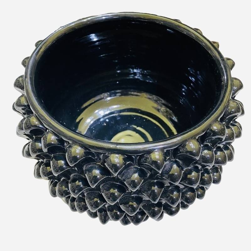 Jarrón Half Pigna, cerámica Caltagirone, 4 opciones de tamaño (1 pieza) Negro, tallo con decoración de carro siciliano -