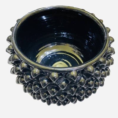 Jarrón Half Pigna, cerámica Caltagirone, 4 opciones de tamaño (1 pieza) Negro, tallo con decoración de carro siciliano -