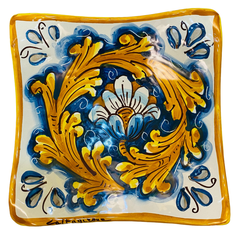 Bandeja de punta perforada de cerámica Caltagirone decorada a mano, tamaño cm 17x17 H5 - varias decoraciones disponibles